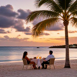 Caribbean Holidays, Curacao Luxury Holidays, Luxury Cura&ccedil;ao holiday scene with a couple relaxing on a quiet beach near sunset, elegant outdoor dining and softly lit palm trees