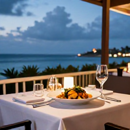 Caribbean Holidays, Cura&ccedil;ao Luxury Holidays, Outdoor table at a sophisticated Cura&ccedil;ao restaurant overlooking the sea, with Caribbean dishes and warm evening light
