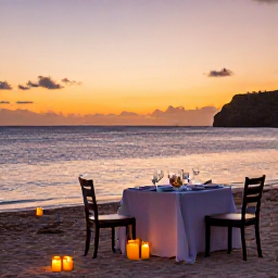 Caribbean Holidays, Cura&ccedil;ao Luxury Holidays, Romantic luxury dinner on a Cura&ccedil;ao beach at sunset, candles, elegant table setting and calm ocean