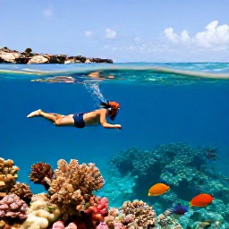 Caribbean Holidays, Cura&ccedil;ao Luxury Holidays, Travellers snorkelling above a colourful coral reef in clear Cura&ccedil;ao water, with bright tropical fish and rocky coastline nearby