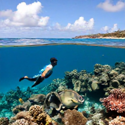 Caribbean Holidays, Curacao Luxury Holidays, Travellers snorkelling over a colourful coral reef in clear Cura&ccedil;ao water, with tropical fish and a sunny coastline in the background