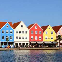 Caribbean Holidays, Cura&ccedil;ao Luxury Holidays, Willemstad waterfront in Cura&ccedil;ao with colourful Dutch Caribbean buildings, pedestrians, caf&eacute;s and blue sky