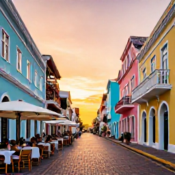 Caribbean Holidays, Cura&ccedil;ao Luxury June, Colourful historic Willemstad street in Cura&ccedil;ao at sunset, with pastel buildings, outdoor tables and relaxed visitors