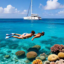 Caribbean Holidays, Cura&ccedil;ao Luxury June, Couple snorkelling in clear Cura&ccedil;ao water above a colourful coral reef, with a luxury catamaran in the distance