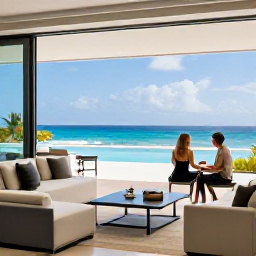 Caribbean Holidays, Cura&ccedil;ao Luxury June, Elegant Cura&ccedil;ao resort suite with a private terrace, sea view, modern furnishings and a couple enjoying a quiet June morning