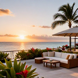 Caribbean Holidays, Cura&ccedil;ao Luxury October, Elegant Cura&ccedil;ao hotel terrace overlooking the Caribbean Sea at sunset, with comfortable seating and tropical plants