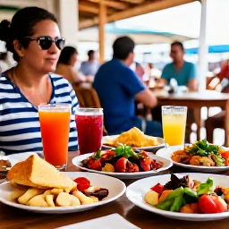 Caribbean Holidays, Cura&ccedil;ao March Breaks, Outdoor table serving colourful Cura&ccedil;ao dishes and fresh seafood at a lively Willemstad restaurant