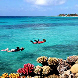 Caribbean Holidays, Cura&ccedil;ao March Holidays, Travellers snorkelling in clear turquoise water above a colourful coral reef near Cura&ccedil;ao, with a sunny coastline in the background