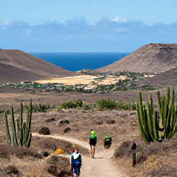 Caribbean Holidays, Cura&ccedil;ao May Holidays, Travellers hiking through rugged Cura&ccedil;ao countryside with cacti, dry hills and views towards the Caribbean Sea