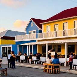 Caribbean Holidays, Cura&ccedil;ao May Holidays, Visitors enjoying a relaxed evening in colourful Pietermaai, Cura&ccedil;ao, with outdoor dining, local music and warm sunset light