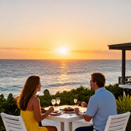 Caribbean Holidays, Cura&ccedil;ao Multi-Centre, Couple enjoying a sunset meal on a relaxed Caribbean terrace overlooking the sea in February