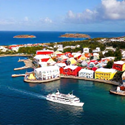 Caribbean Holidays, Curacao Multi Country, Aerial view of Curacao's colourful Willemstad waterfront, clear Caribbean water and a small cruise boat setting off towards nearby islands