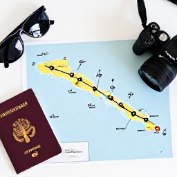 Caribbean Holidays, Curacao Multi Country, Caribbean island-hopping itinerary map beside passports, sunglasses and a camera on a bright hotel table