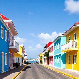Caribbean Holidays, Curacao Multi Country, Colourful Caribbean street in Oranjestad, Aruba, leading towards a harbour with pastel buildings and clear blue sky