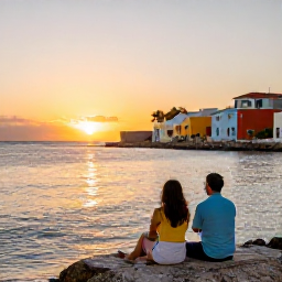 Caribbean Holidays, Curacao Multi Country, Couple enjoying a relaxed sunset beside the Caribbean Sea, with a colourful island coastline and warm evening light