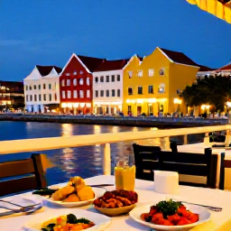 Caribbean Holidays, Cura&ccedil;ao Multi-Country Holidays, A friendly evening in Willemstad, Cura&ccedil;ao, with local dishes on a restaurant table, warm lights and colourful historic buildings