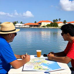 Caribbean Holidays, Cura&ccedil;ao Multi-Country Holidays, Travellers planning a Caribbean island-hopping journey at a sunny harbour table, with a map showing Cura&ccedil;ao and neighbouring islands