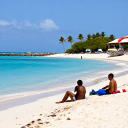 Caribbean Holidays, Curacao Multi Country, Travellers relaxing on a white sandy beach in Aruba, with turquoise sea, palm trees and colourful water sports in the background