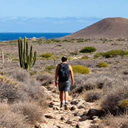 Caribbean Holidays, Curacao Nature Holidays, A hiker following a rocky trail through Cura&ccedil;ao&rsquo;s dry countryside, surrounded by cacti, low shrubs and distant blue hills