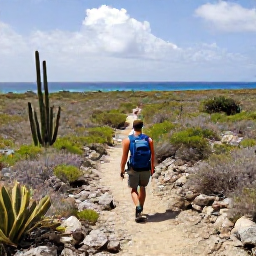 Caribbean Holidays, Cura&ccedil;ao Nature Holidays, A hiker walking through cactus and scrub on a rocky trail in Christoffel National Park, Cura&ccedil;ao, with distant sea views