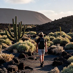 Caribbean Holidays, Curacao Nature Holidays, A hiker walking through Cura&ccedil;ao's rugged countryside, surrounded by cacti, low shrubs and rocky volcanic hills in warm morning light