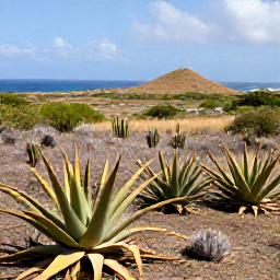Caribbean Holidays, Curacao Nature Holidays, A peaceful Cura&ccedil;ao countryside scene with aloe plants, cacti, low hills and a distant Caribbean Sea horizon