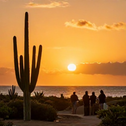 Caribbean Holidays, Curacao Nature Holidays, A peaceful Cura&ccedil;ao sunset over the coast, with silhouetted cacti, warm orange light and a small group enjoying an outdoor nature experience