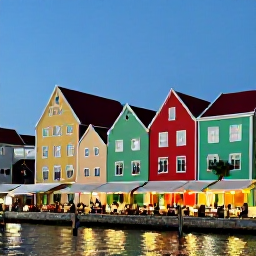 Caribbean Holidays, Cura&ccedil;ao Nature Holidays, A relaxed evening in Willemstad, Cura&ccedil;ao, with colourful waterfront buildings and visitors dining outdoors