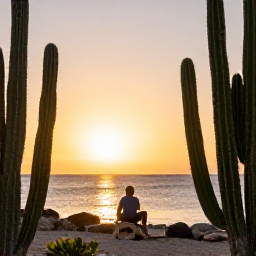 Caribbean Holidays, Cura&ccedil;ao Nature Holidays, A relaxed outdoor scene in Cura&ccedil;ao with a visitor enjoying sunset beside the sea, framed by cacti and warm evening light