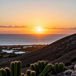 Caribbean Holidays, Curacao Nature Holidays, A relaxed sunset scene at a Cura&ccedil;ao nature viewpoint, with golden light over cactus-covered hills and the Caribbean Sea