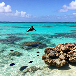 Caribbean Holidays, Curacao Nature Holidays, A snorkeller above a clear turquoise bay in Cura&ccedil;ao, with colourful reef fish, coral and a sandy beach visible below