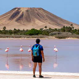 Caribbean Holidays, Cura&ccedil;ao Nature Holidays, A traveller watching pink flamingos in a Cura&ccedil;ao salt lake surrounded by dry hills and tropical vegetation