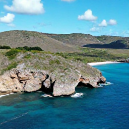 Caribbean Holidays, Cura&ccedil;ao Nature Holidays, Aerial photograph of Cura&ccedil;ao&rsquo;s rugged coastline, turquoise Caribbean water and dry green hills beneath a bright blue sky