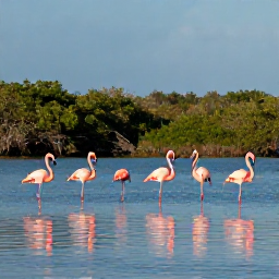 Caribbean Holidays, Curacao Nature Holidays, Flamingos standing in a shallow salt lake at Jan Kok, Cura&ccedil;ao, with pink reflections, mangroves and a clear afternoon sky
