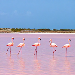 Caribbean Holidays, Curacao Nature Holidays, Flamingos standing in shallow pink-tinged water at Jan Kok salt pans in Cura&ccedil;ao beneath a clear blue sky