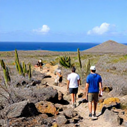 Caribbean Holidays, Cura&ccedil;ao Nature Holidays, Hikers exploring a rocky trail through Cura&ccedil;ao's dry landscape with cacti and distant blue sea