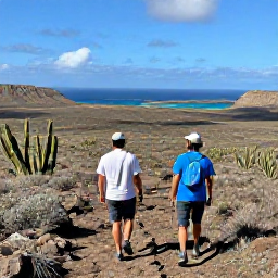Caribbean Holidays, Cura&ccedil;ao Nature Holidays, Hikers exploring a rugged trail through Cura&ccedil;ao&rsquo;s dry landscape, with cacti, low shrubs and distant Caribbean views