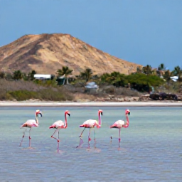 Caribbean Holidays, Cura&ccedil;ao Nature Holidays, Pink flamingos standing in a shallow salt lake at Jan Kok, Cura&ccedil;ao, with dry hills and tropical sky in the background