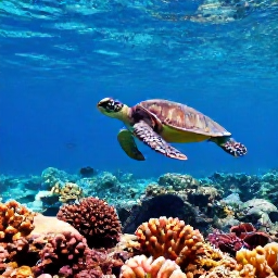 Caribbean Holidays, Cura&ccedil;ao Nature Holidays, Sea turtle swimming above a colourful coral reef in clear blue water near Cura&ccedil;ao, with snorkellers in the distance
