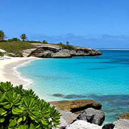 Caribbean Holidays, Cura&ccedil;ao Nature Holidays, Traveller relaxing on a quiet Cura&ccedil;ao beach beside clear blue water, with rocky coastline and low tropical vegetation