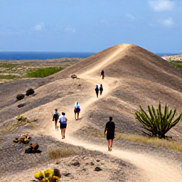 Caribbean Holidays, Curacao Nature Holidays, Visitors walking through rugged desert-like hills in Christoffel National Park, Cura&ccedil;ao, with cacti and distant sea views