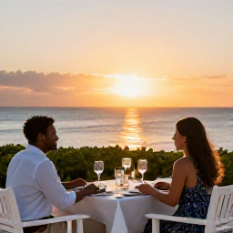 Caribbean Holidays, Cura&ccedil;ao November Holidays, A couple enjoying a relaxed sunset dinner at a Cura&ccedil;ao all-inclusive resort beside the Caribbean Sea in November