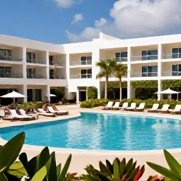 Caribbean Holidays, Cura&ccedil;ao November Holidays, A modern all-inclusive resort in Cura&ccedil;ao with a pool, sun loungers, tropical gardens and guests enjoying a warm November afternoon