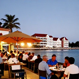 Caribbean Holidays, Cura&ccedil;ao October Break, Travellers dining outdoors at a relaxed waterfront restaurant in Willemstad, Cura&ccedil;ao, on a warm October evening