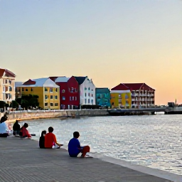 Caribbean Holidays, Cura&ccedil;ao October Break, Willemstad waterfront at sunset with colourful fa&ccedil;ades, the Queen Emma Bridge and people enjoying the evening