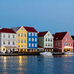 Caribbean Holidays, Cura&ccedil;ao October Holidays, Colourful historic Willemstad waterfront in Cura&ccedil;ao during early evening, with pastel buildings, calm water and relaxed outdoor dining