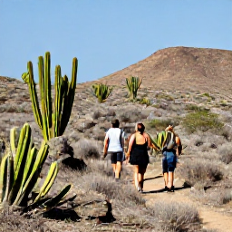 Caribbean Holidays, Cura&ccedil;ao October Holidays, Hikers walking through Cura&ccedil;ao's rugged countryside among cacti and dry tropical plants beneath a clear blue sky