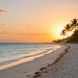 Caribbean Holidays, Cura&ccedil;ao October Holidays, Quiet Cura&ccedil;ao beach at sunset with pale sand, calm turquoise sea and a few palm trees beneath a warm orange sky