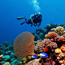 Caribbean Holidays, Curacao Scuba Diving, A diver swimming beside a colourful coral wall with tropical fish and sea fans near Cura&ccedil;ao