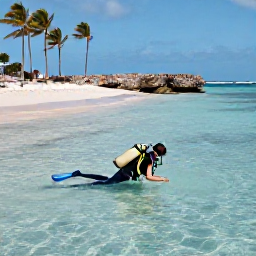 Caribbean Holidays, Cura&ccedil;ao Scuba Diving, A relaxed diver entering calm clear water from a sandy Cura&ccedil;ao beach, with palm trees and rocky coastline in the background